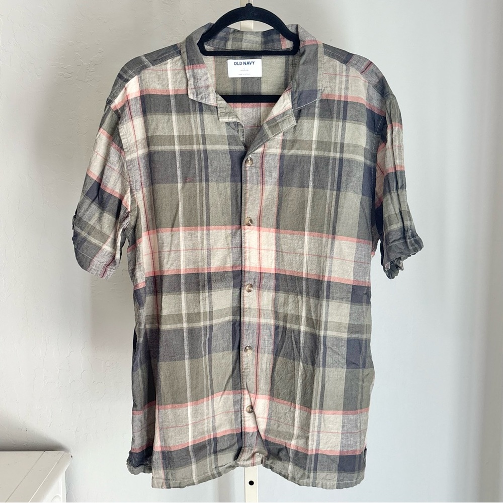Old Navy Men’s Linen Cotton Blend Classic Fit Camp Shirt Olive Blend, Large